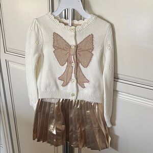 Girls White Sweater with Bow and Gold Skirt Holiday